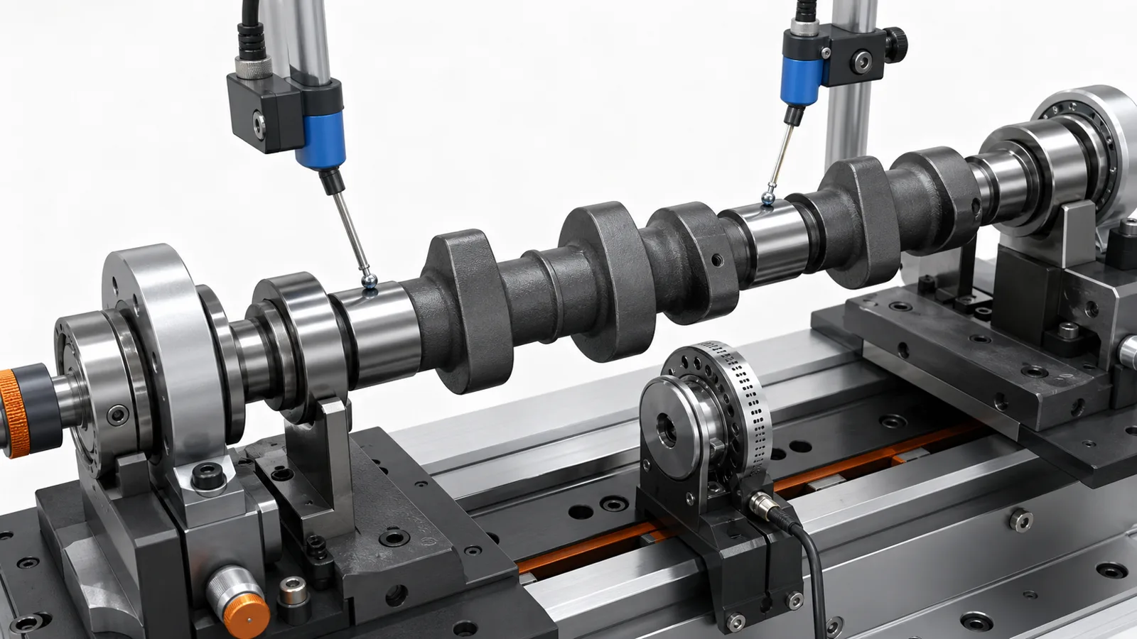 Camshaft Straightening Solution Camshaft journal runout measurement engineering concept illustration