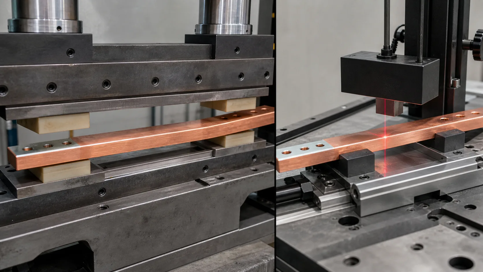 Copper Busbar Straightening Solution Protected press correction and released measurement of a copper busbar, engineering concept illustration