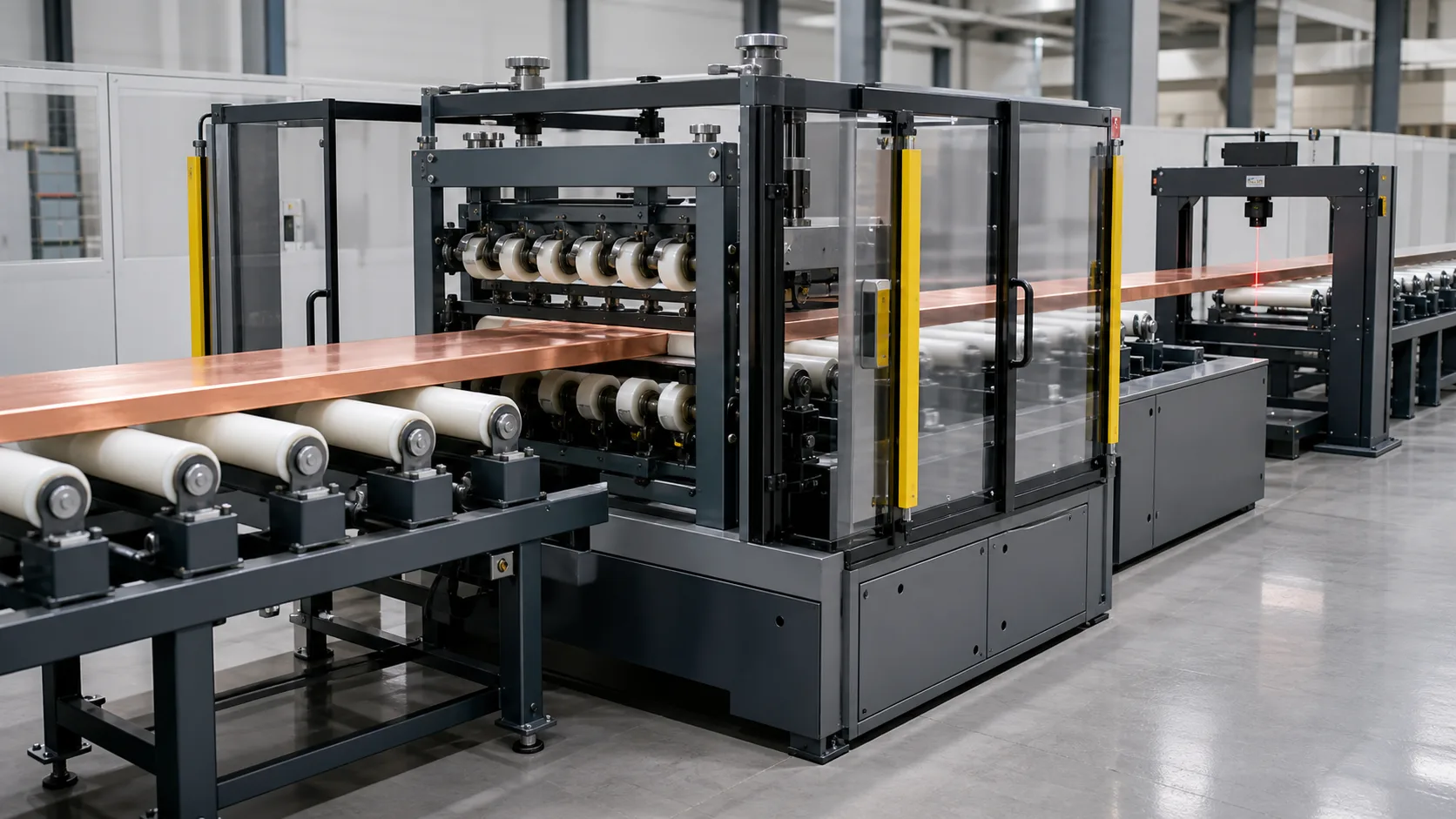 Copper Busbar Straightening Solution Copper busbar entering a protected roll straightening line, engineering concept illustration