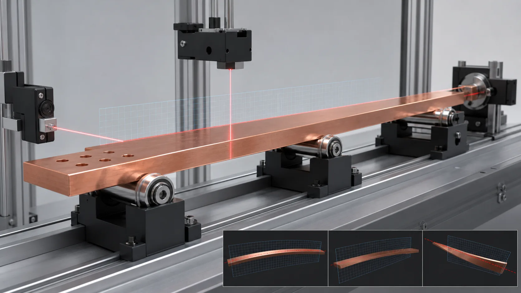 Copper Busbar Straightening Solution Measurement of copper busbar flatwise bow, edgewise bow and twist, engineering concept illustration