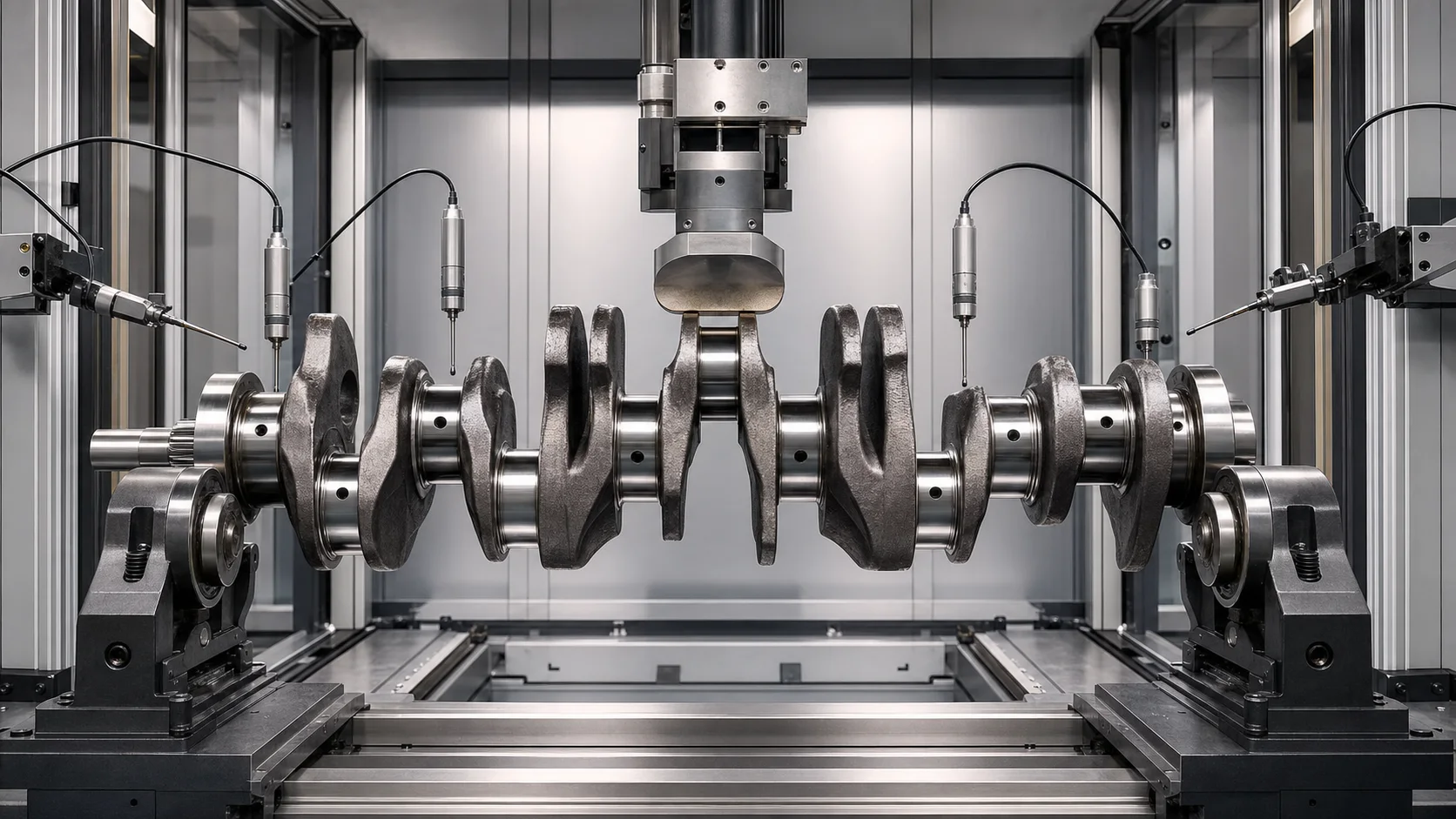 Crankshaft straightening and multi-journal measurement engineering concept illustration