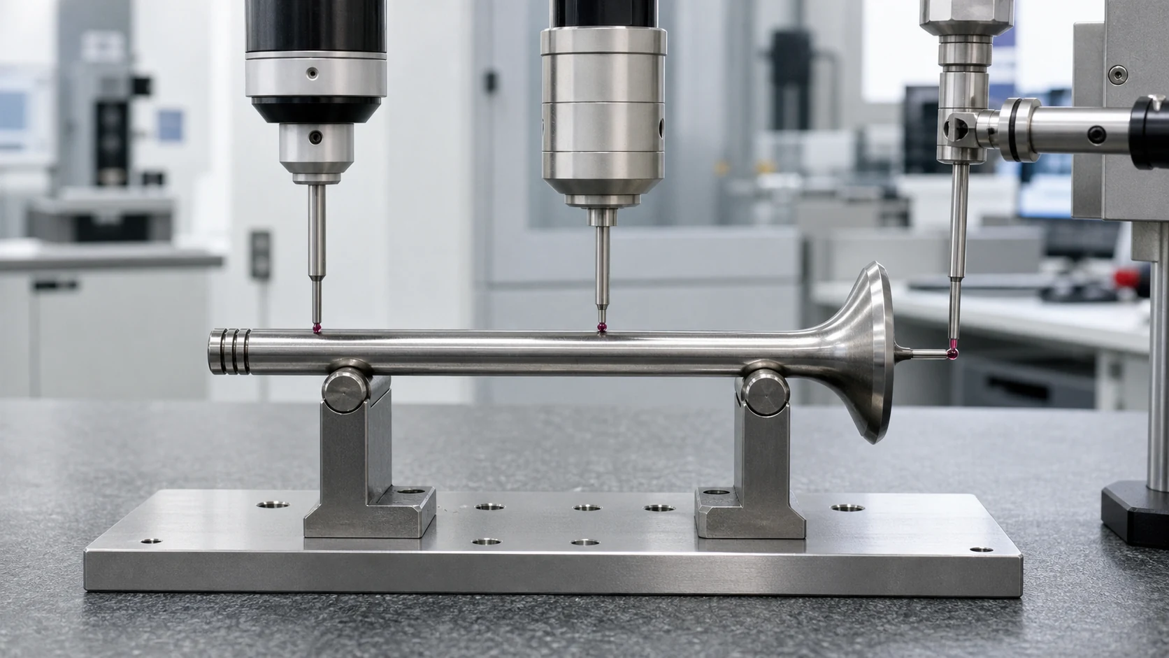 Engine Valve Straightening Solution Separate engine valve stem and head runout measurement, engineering concept illustration
