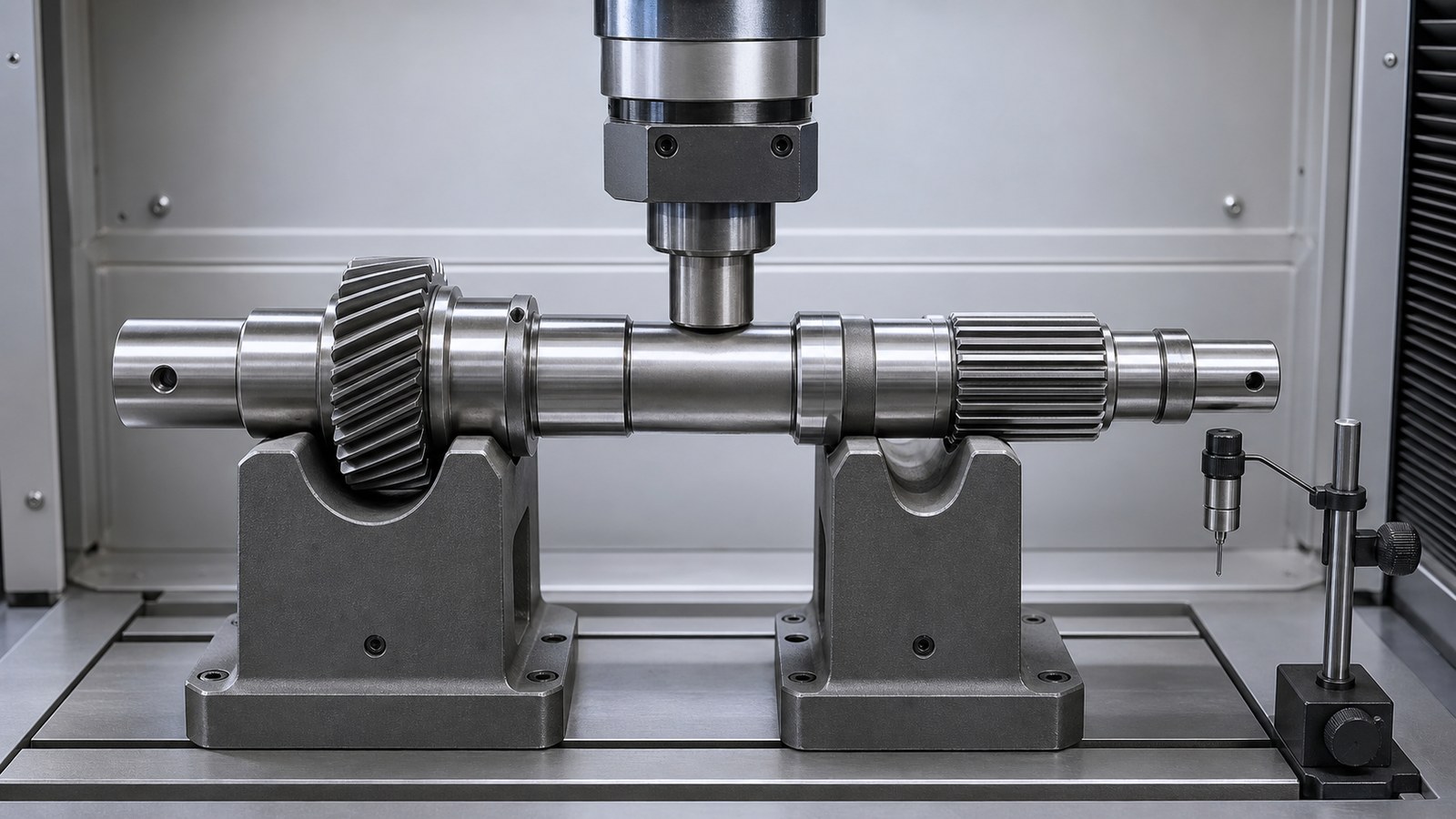 Engineering illustration of controlled press correction on a protected gearbox shaft journal