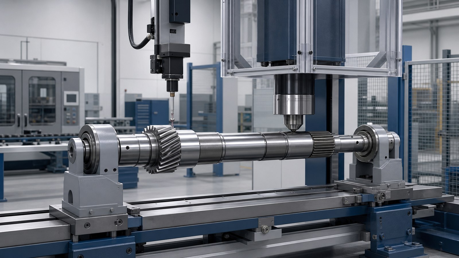 Engineering illustration of an automatic gearbox shaft measurement and press straightening station