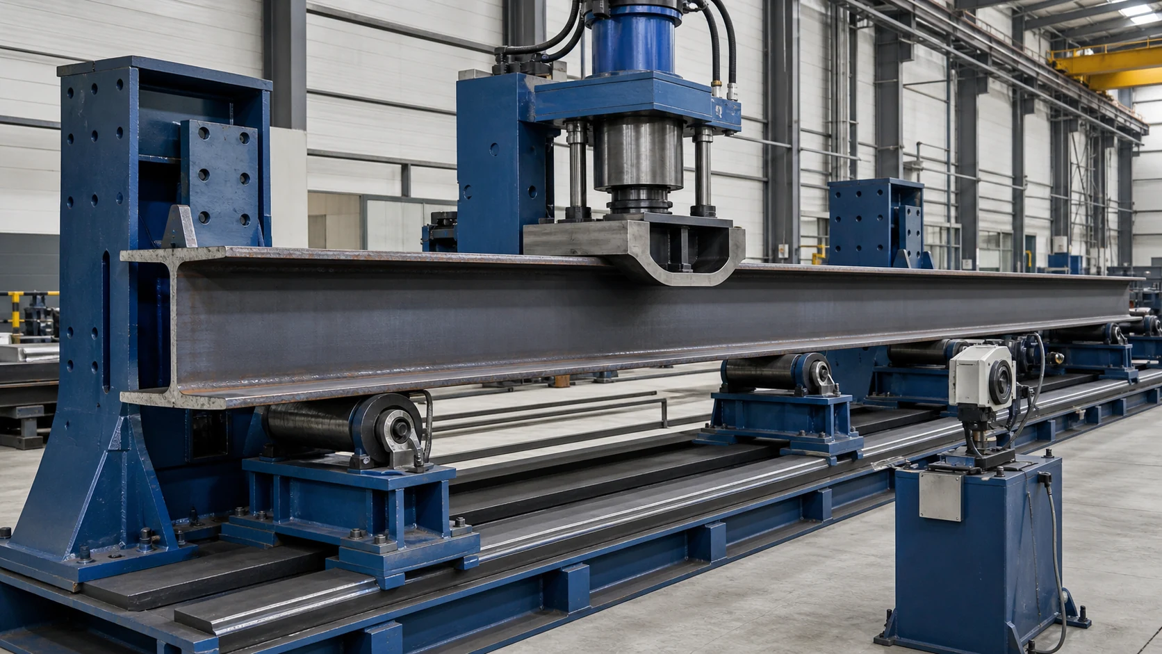 Press correction of camber or sweep in a welded H-beam, engineering concept illustration
