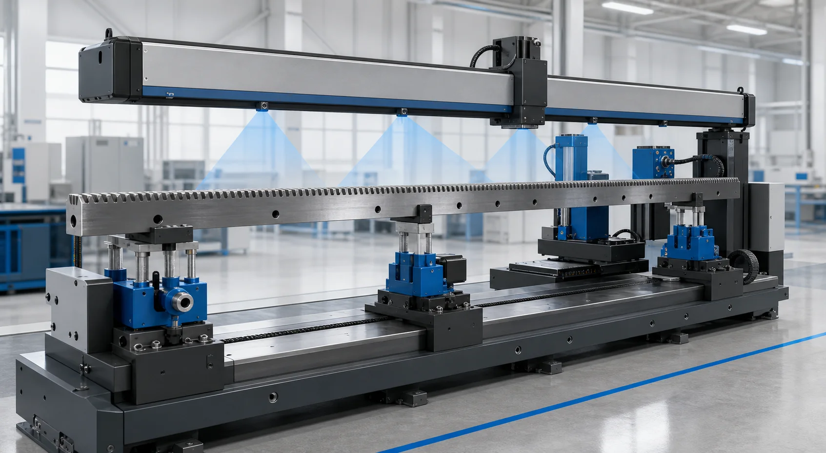Industrial gear rack straightening cell engineering concept illustration