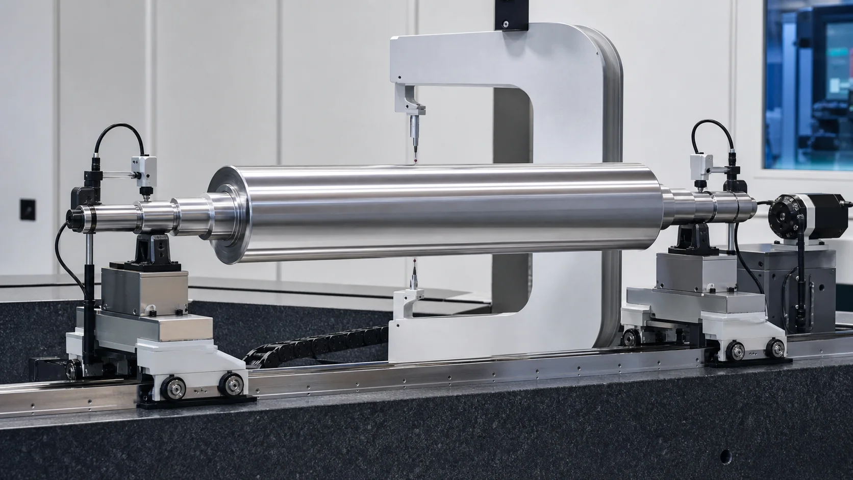 Industrial roller shaft barrel and journal measurement engineering concept illustration