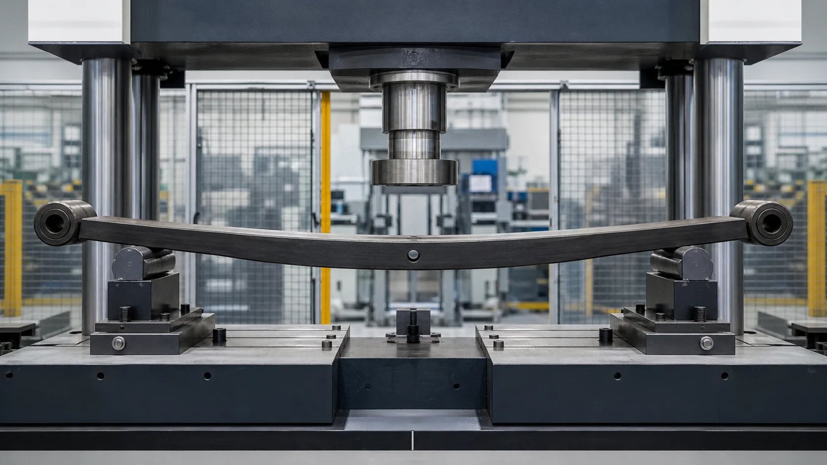 Leaf spring in a precision press retaining its designed camber, engineering concept illustration