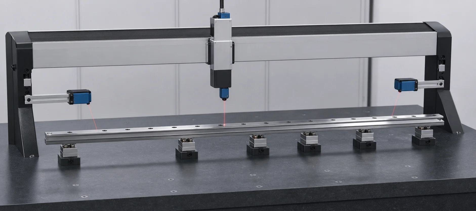 Linear guide rail full-length bend and twist measurement engineering concept illustration