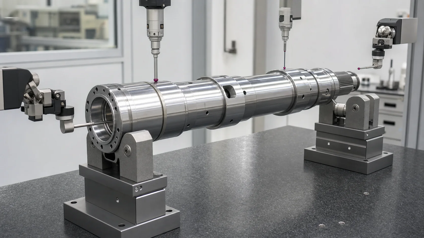 Machine Tool Spindle Shaft Straightening Solution Machine tool spindle shaft bearing-seat and tool-taper measurement engineering concept illustration