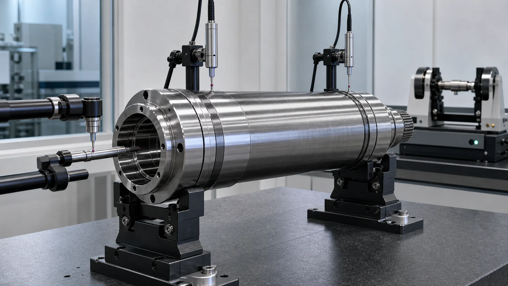 Machine Tool Spindle Shaft Straightening Solution Machine tool spindle shaft final runout and balancing acceptance engineering concept illustration