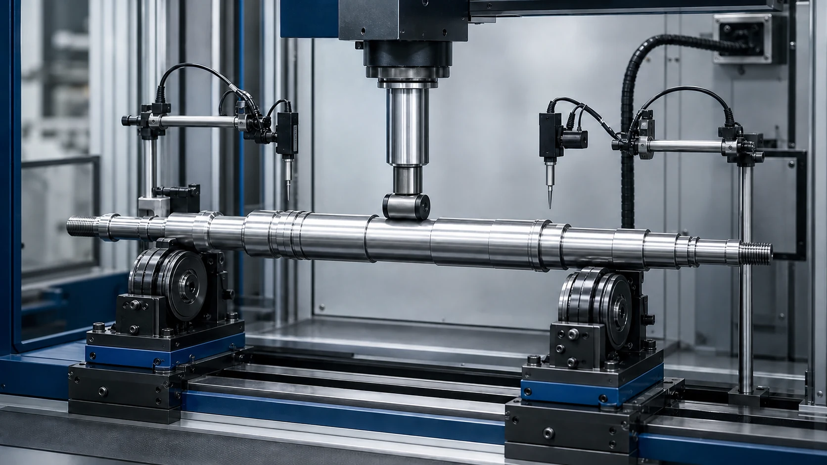 Bare industrial pump shaft in an automated straightening and runout measurement cell, engineering concept illustration
