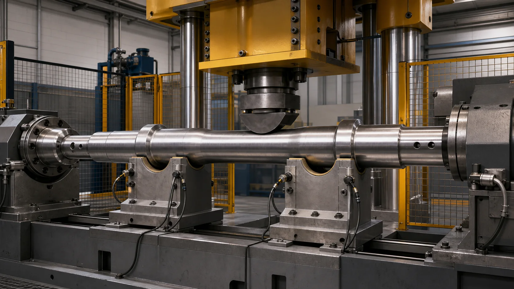Railway axle cold press straightening engineering concept illustration