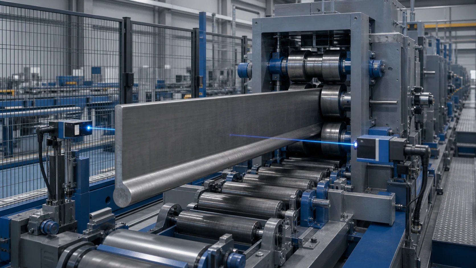 Shipbuilding bulb flat entering a roll straightening line, engineering concept illustration