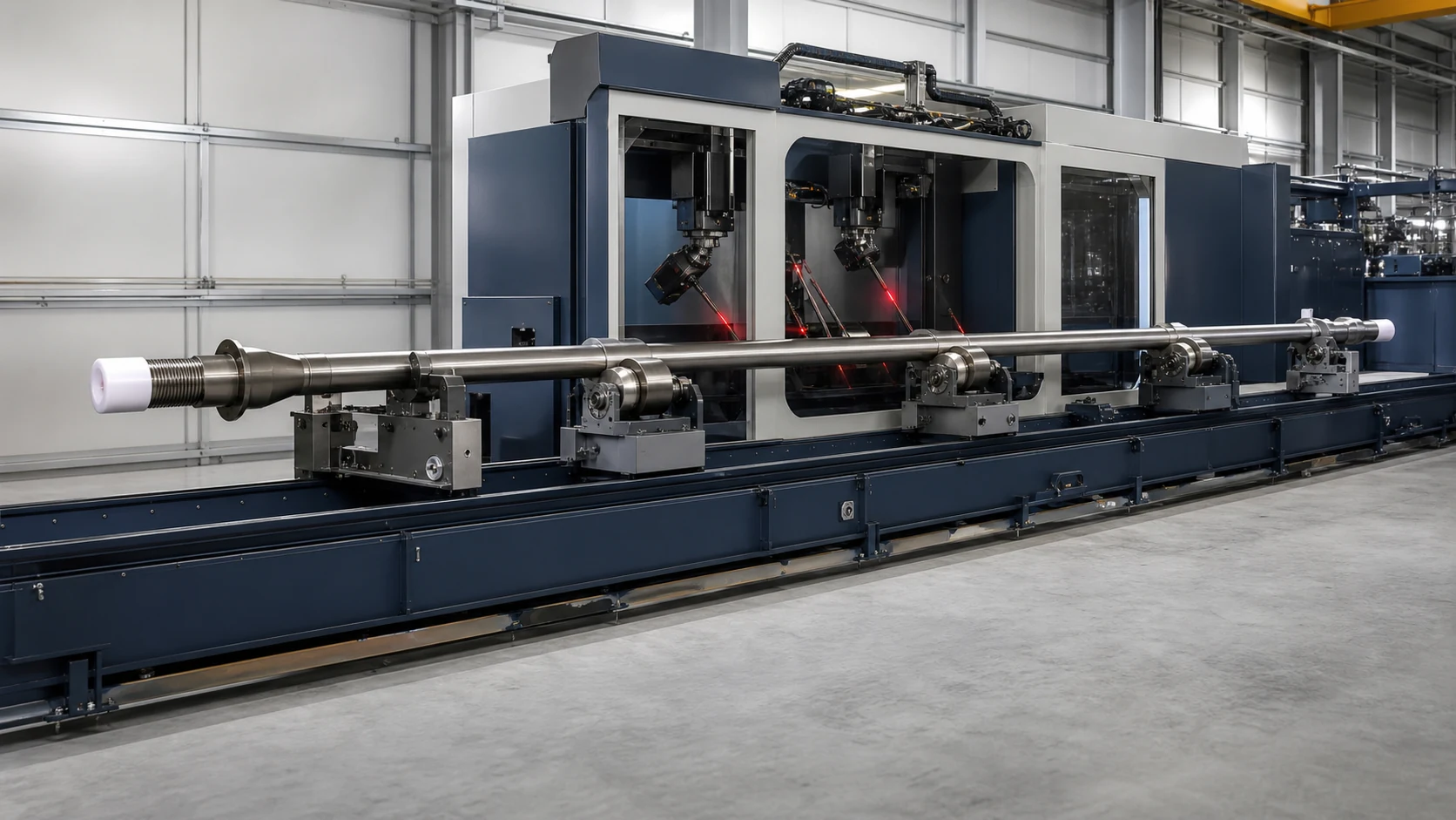 Long solid sucker rod in an automatic straightening and inspection line, ingenjörskoncept illustration