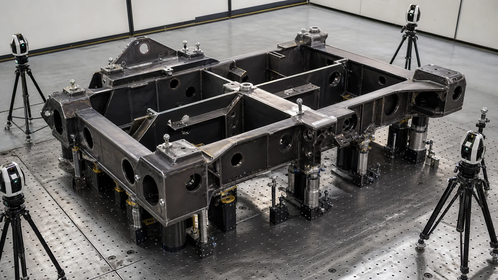 Welded Fabrication Straightening Solution Three-dimensional measurement of a welded steel fabrication, engineering concept illustration
