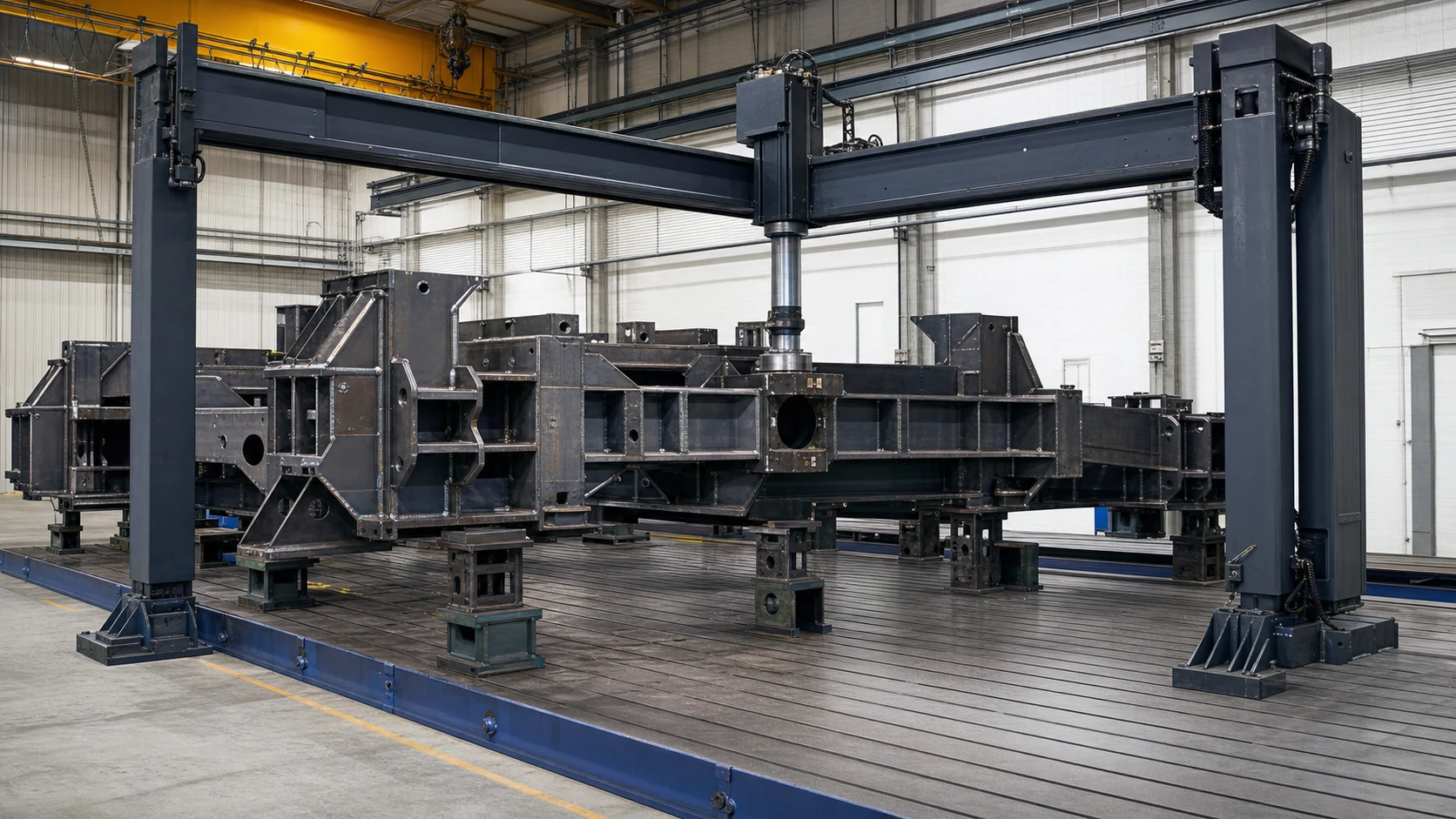 Large welded fabrication on a traveling gantry straightening press, engineering concept illustration
