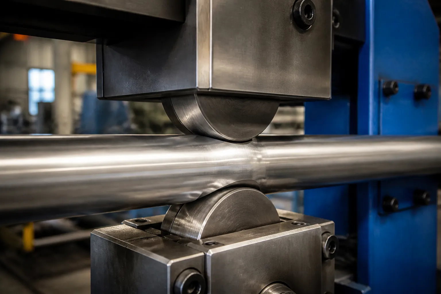 Close-up of a hardened steel press anvil and roller supports contacting a polished shaft inside a straightening machine