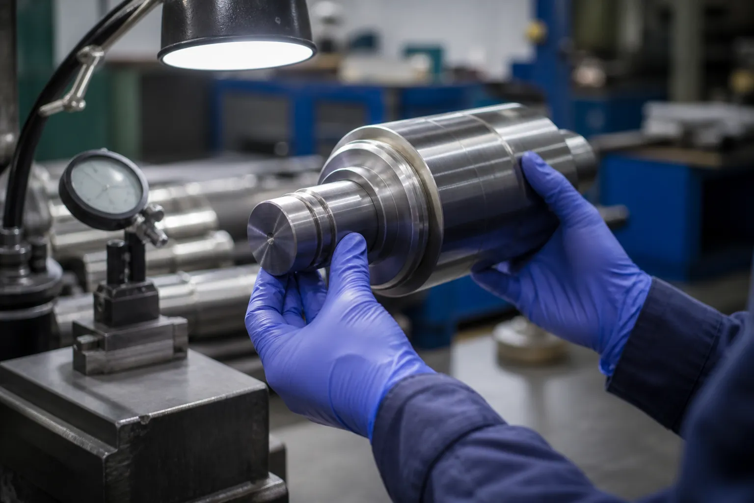 Inspector checking a polished metal shaft surface under a bright inspection lamp for marks and defects