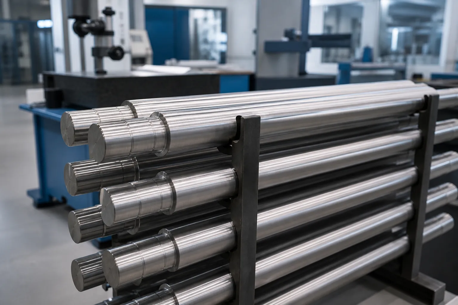 Rack of finished straightened steel shafts in a factory quality inspection area