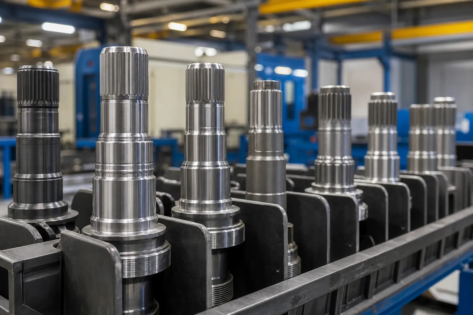 Aerospace shaft blanks staged after machining