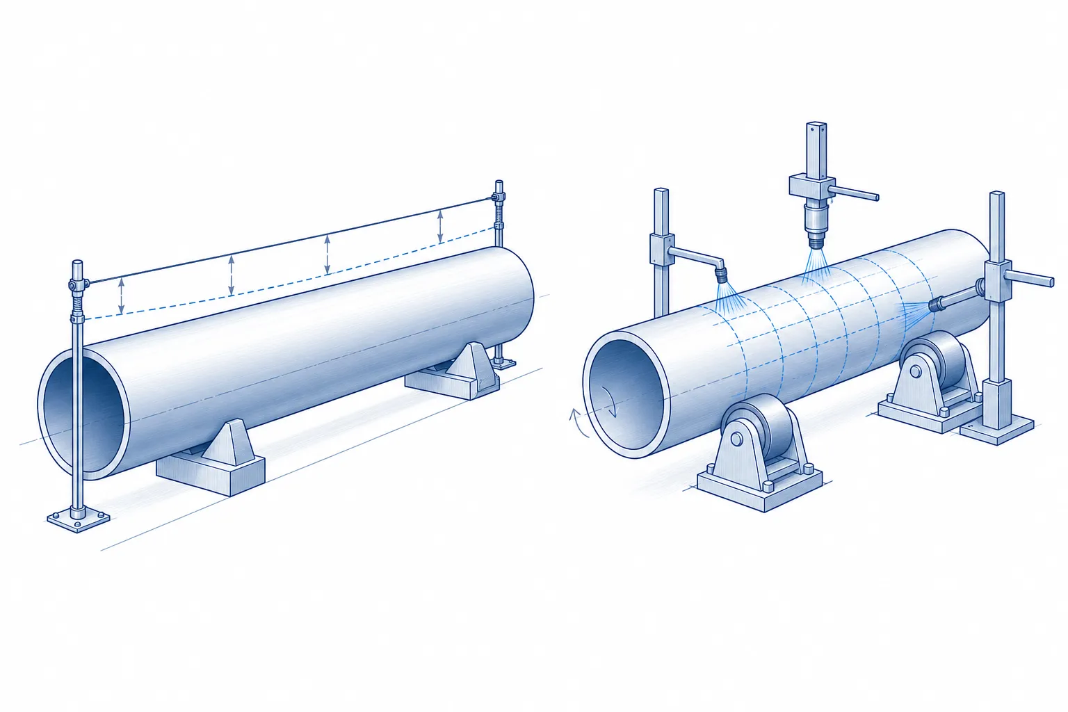 Taut wire straightness check method on a drill pipe body versus rotating runout measurement, engineering concept illustration