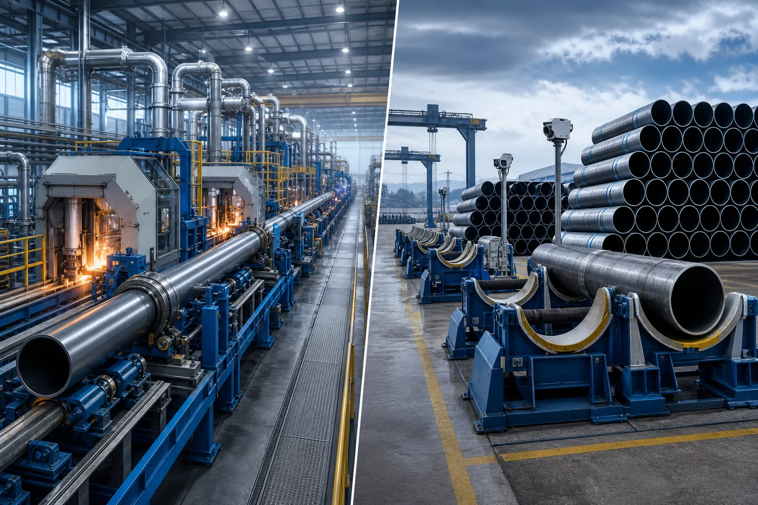 New manufacturing straightening line versus used pipe inspection yard flow, engineering concept illustration