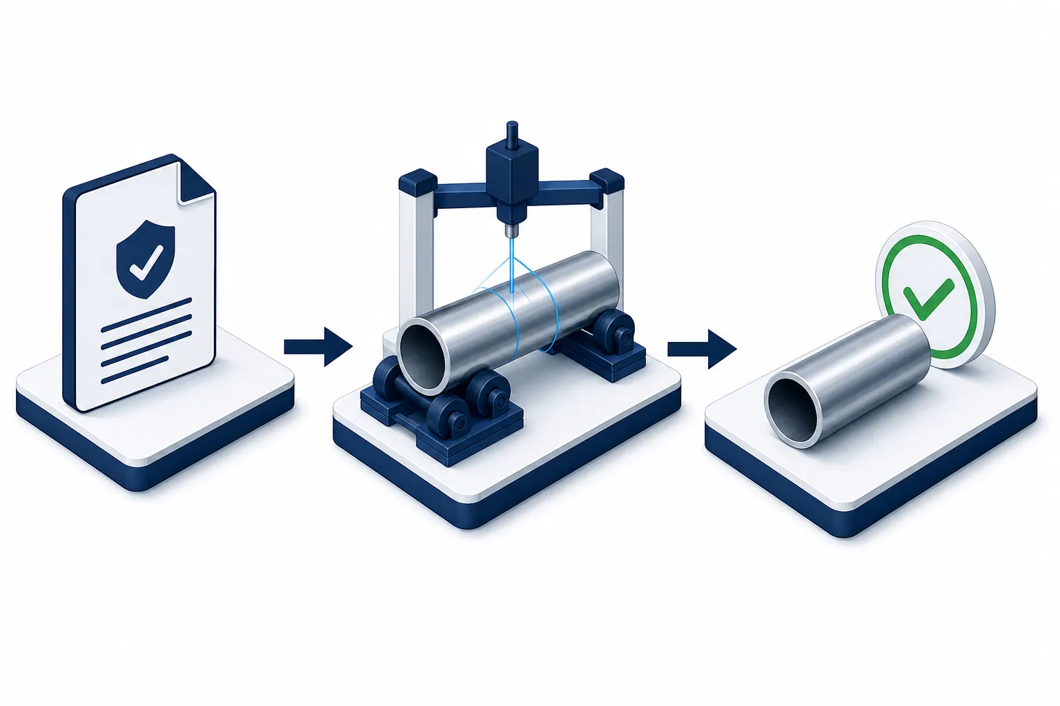 Acceptance workflow from standard clause to measured verified pipe geometry, engineering concept illustration