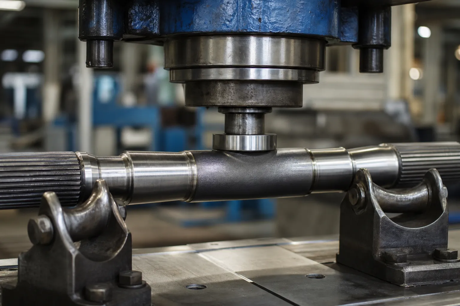 CNC press ram applying a controlled correction stroke to a splined automotive shaft on conforming supports