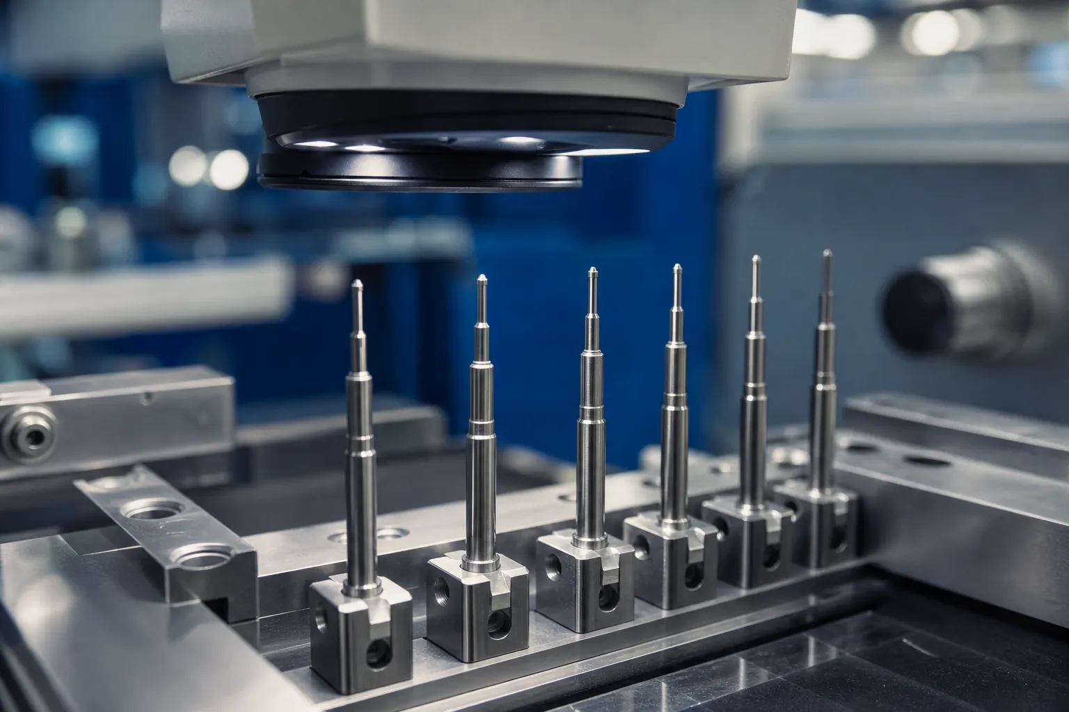 Injector Needle Straightening Solution Slender hardened injector needles held in clean fixtures under magnified inspection