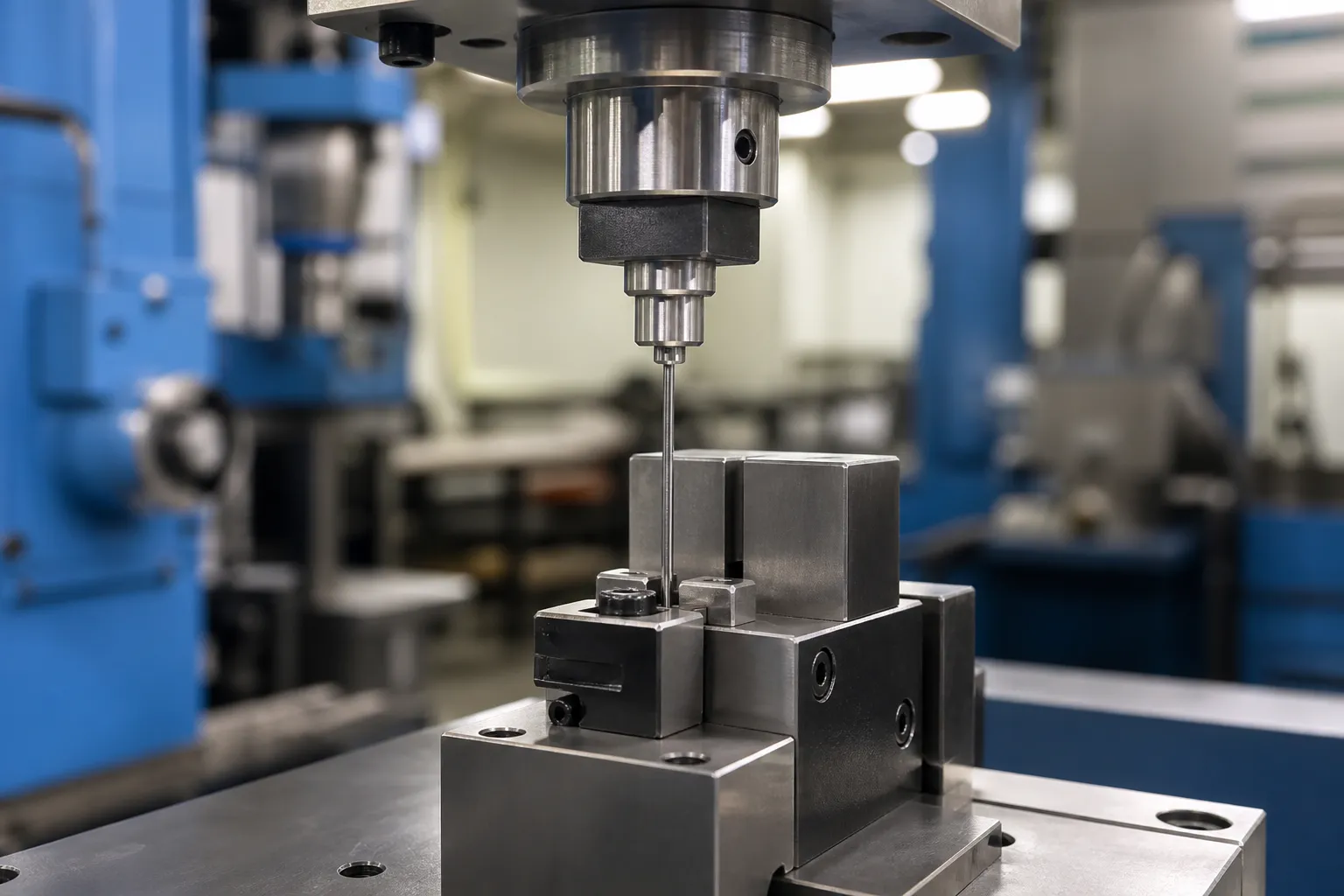 Injector Needle Straightening Solution Low-force precision press ram performing a micro correction stroke on a slender needle in clean tooling