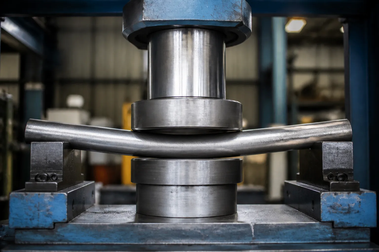 Over-Straightening and Cracking: Why More Correction Is Not Better Hydraulic press ram applying force onto a steel shaft supported by two anvils in a straightening press