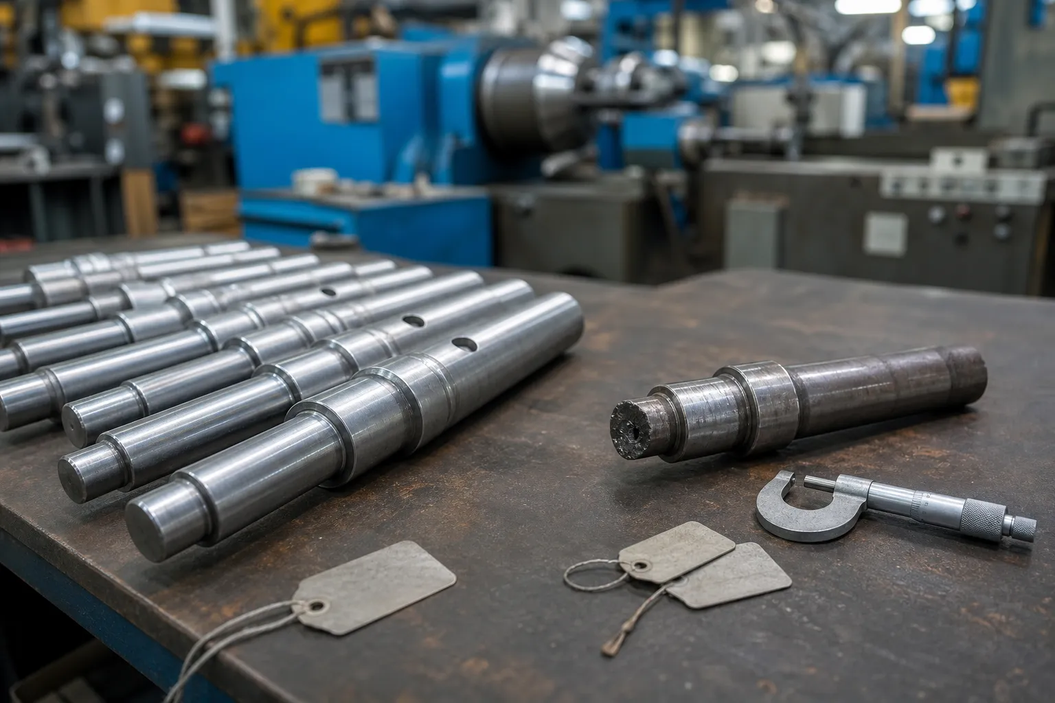 Over-Straightening and Cracking: Why More Correction Is Not Better Steel shaft samples laid out on a workshop bench for metallurgical inspection with one part separated as rejected