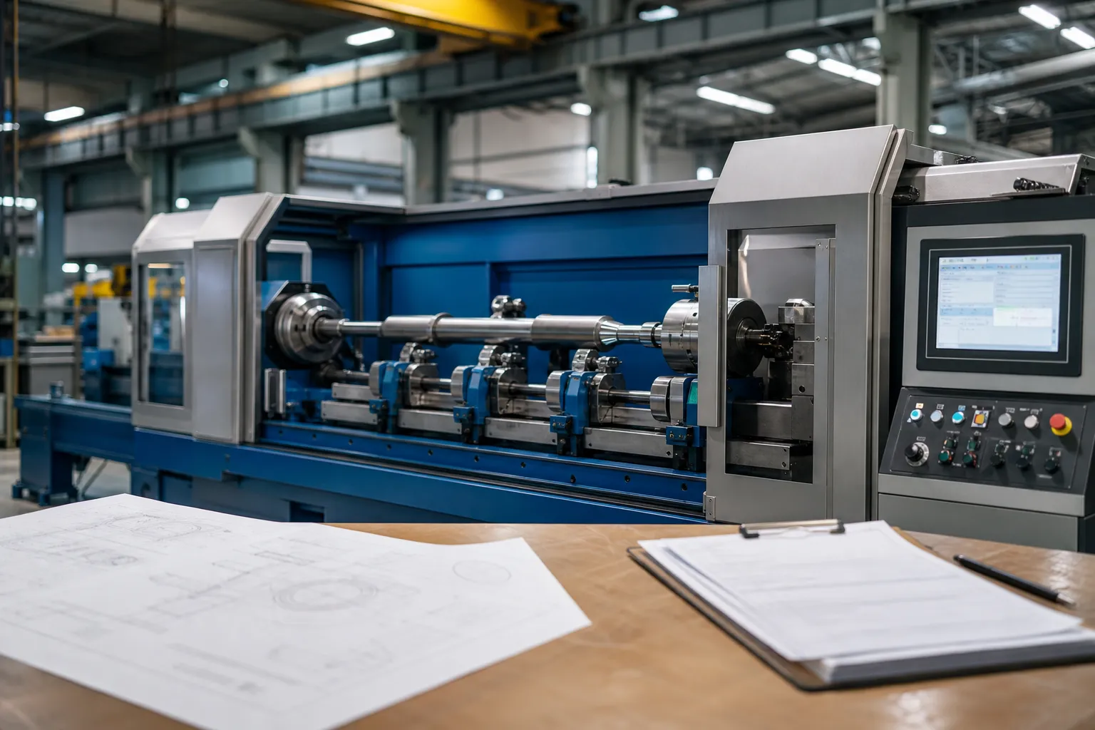 How Much Does a Straightening Machine Cost? Modern automatic shaft straightening machine cell with control cabinet and HMI screen in a clean industrial factory hall