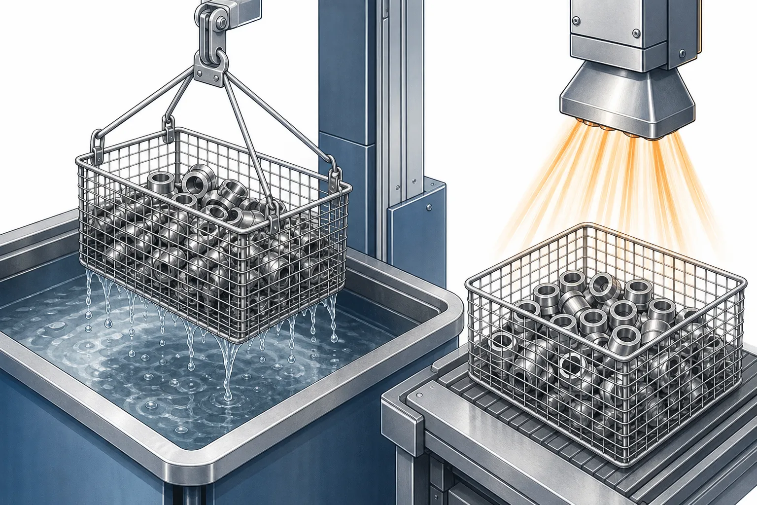 Batch cleaning stage with cylindrical parts washed and dried before corrosion protection