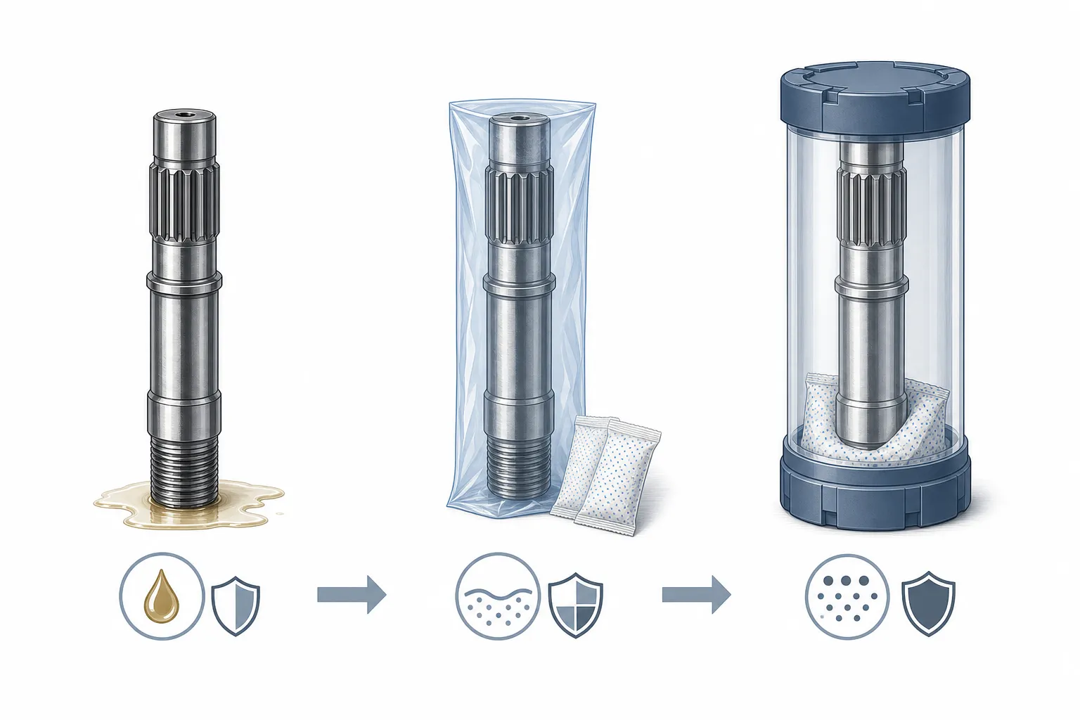 Corrosion protection levels from light oil film through inhibited film to sealed export packaging