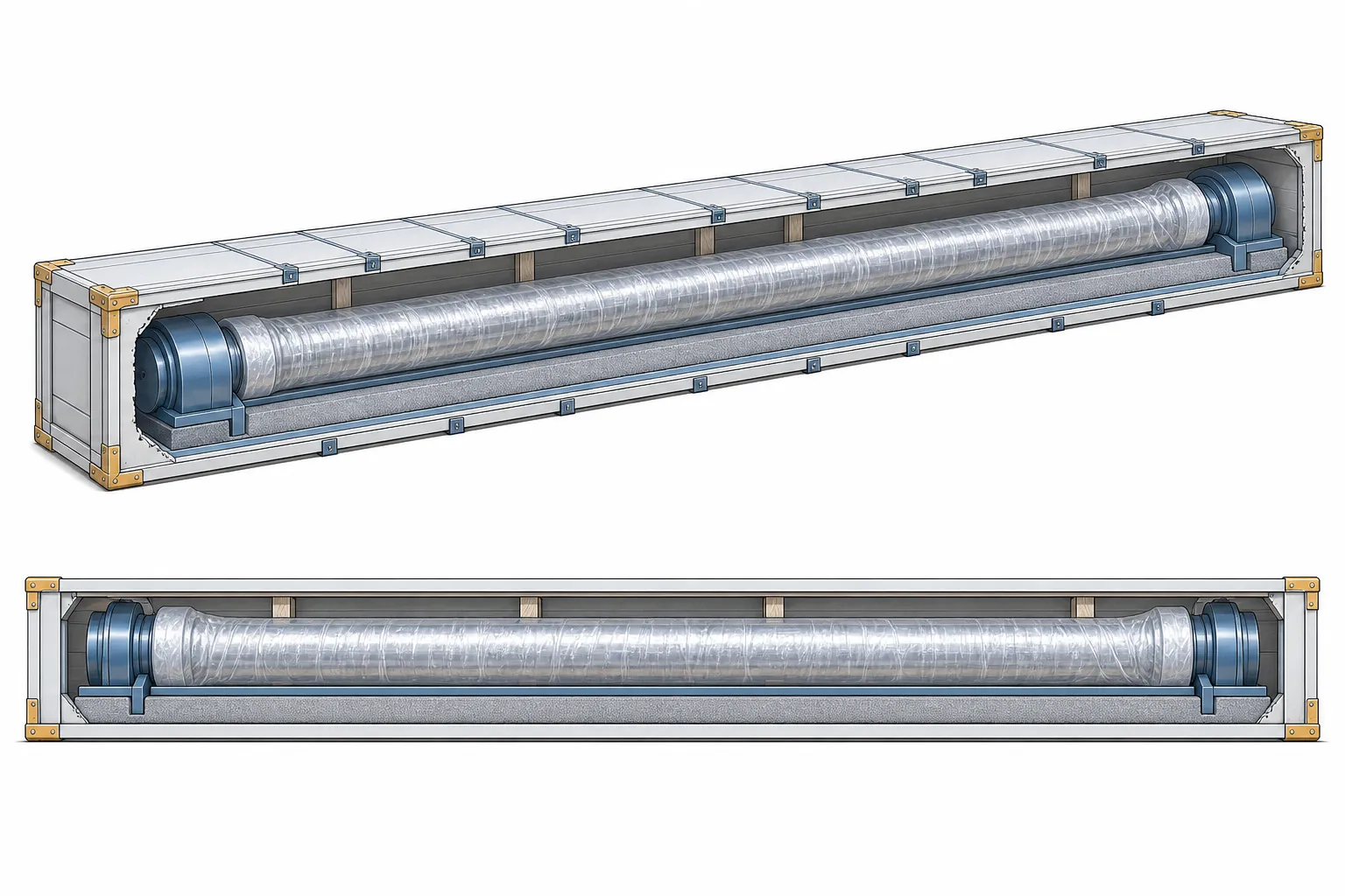 Long shaft packaged with full-length support and vapor-inhibited wrapping protecting both surface and straightness