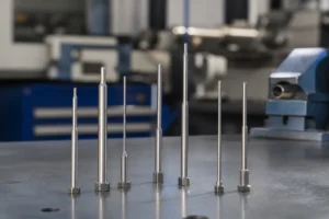 Slender hardened steel core pins arranged on a clean inspection bench in a mold component workshop