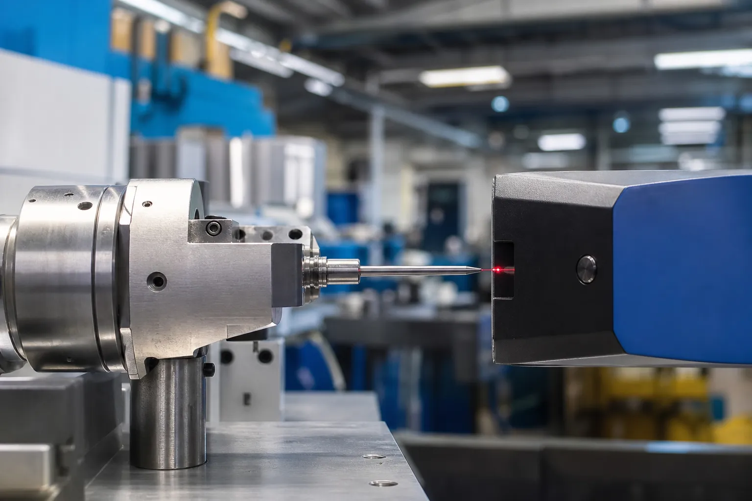 Core Pin Straightening Solution A slim core pin held in a measuring fixture with a laser micrometer checking its cylindrical forming section