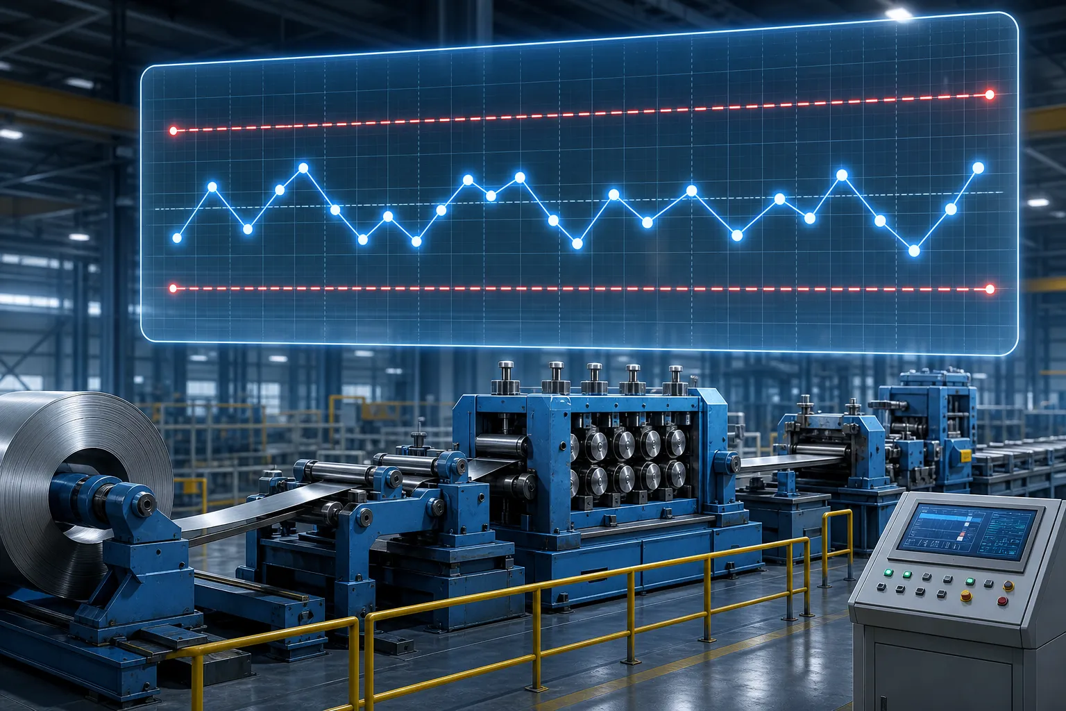 Cpk and Ppk in Straightening Processes Statistical process control concept for a straightening line, deviation data trending on a control chart, engineering illustration