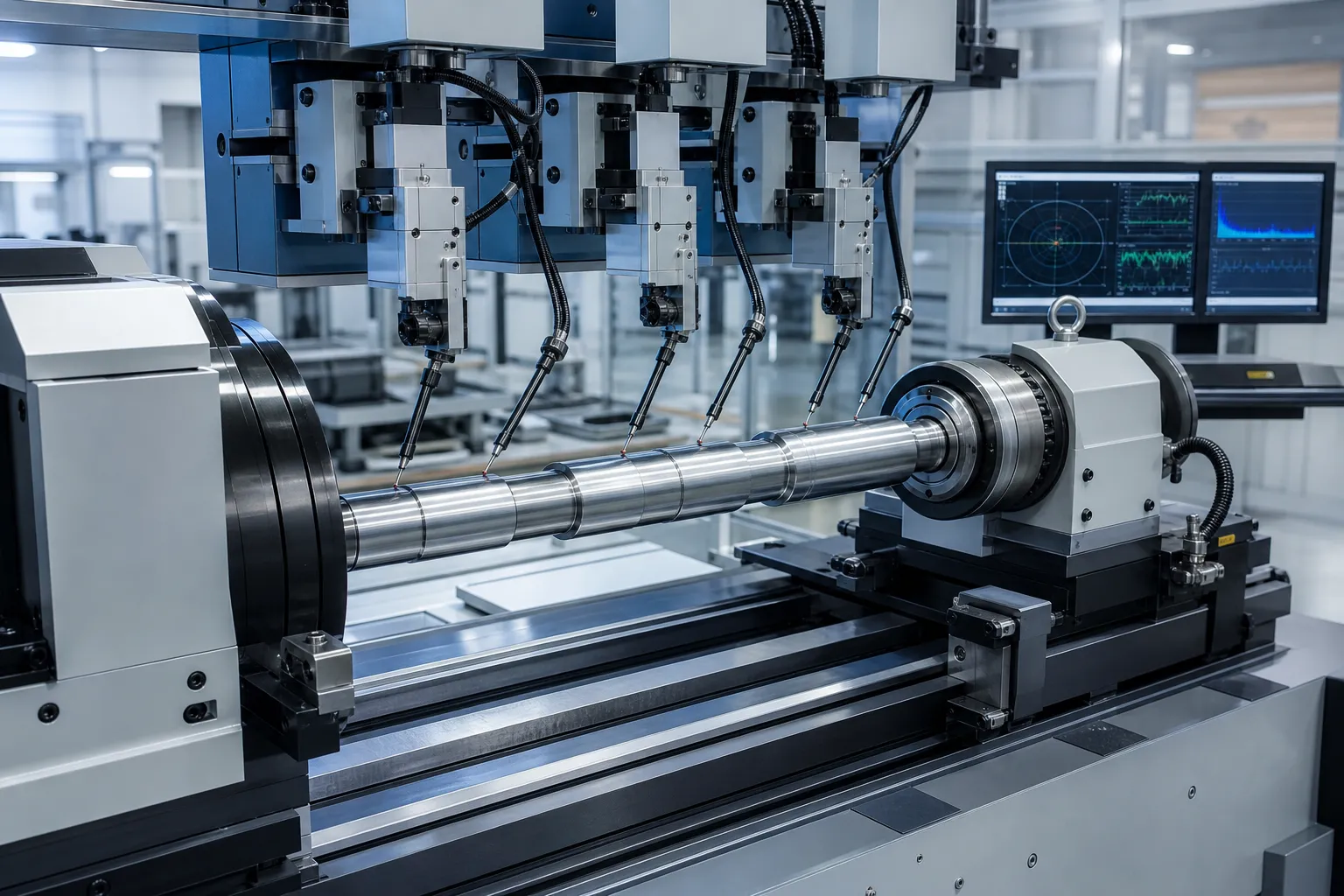 Cpk and Ppk in Straightening Processes Automatic straightening machine measuring a shaft with multiple probes, inline data collection concept illustration