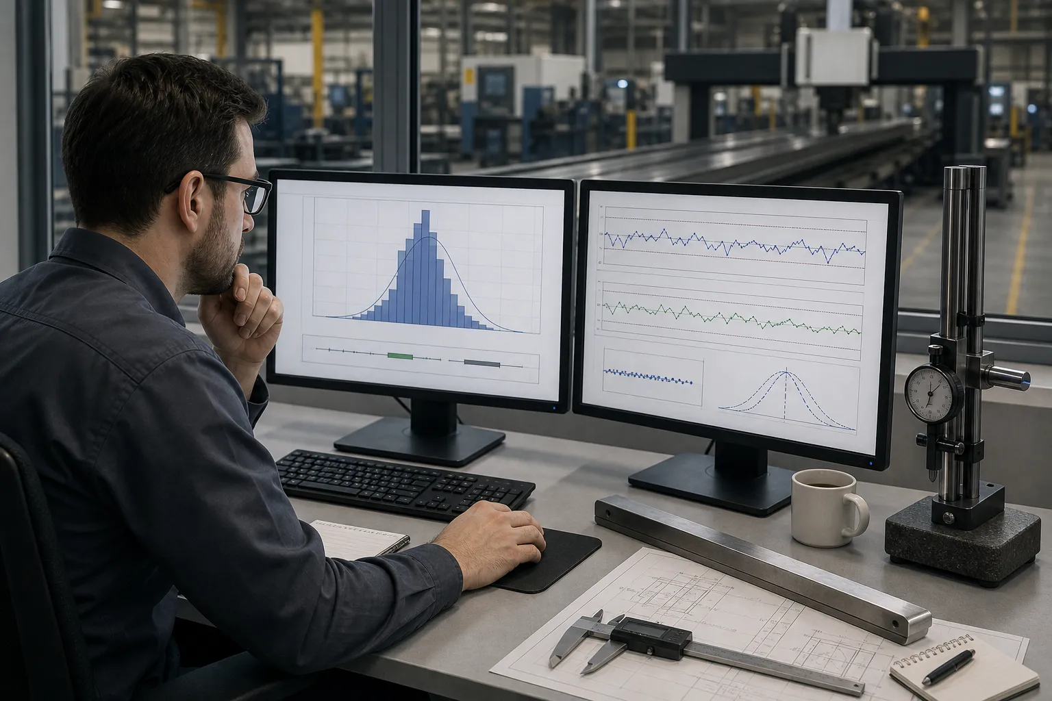 Cpk and Ppk in Straightening Processes Quality engineer reviewing capability indices and histogram charts for shaft straightness data on a workstation, concept illustration