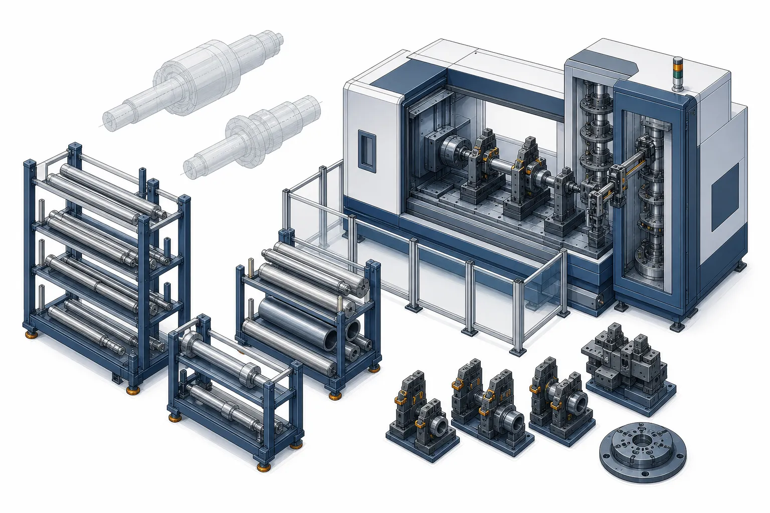Custom vs Standard Straightening Machines: Where the Engineering Content Belongs Multi-family straightening cell with automatic changeover handling different shaft and tube families