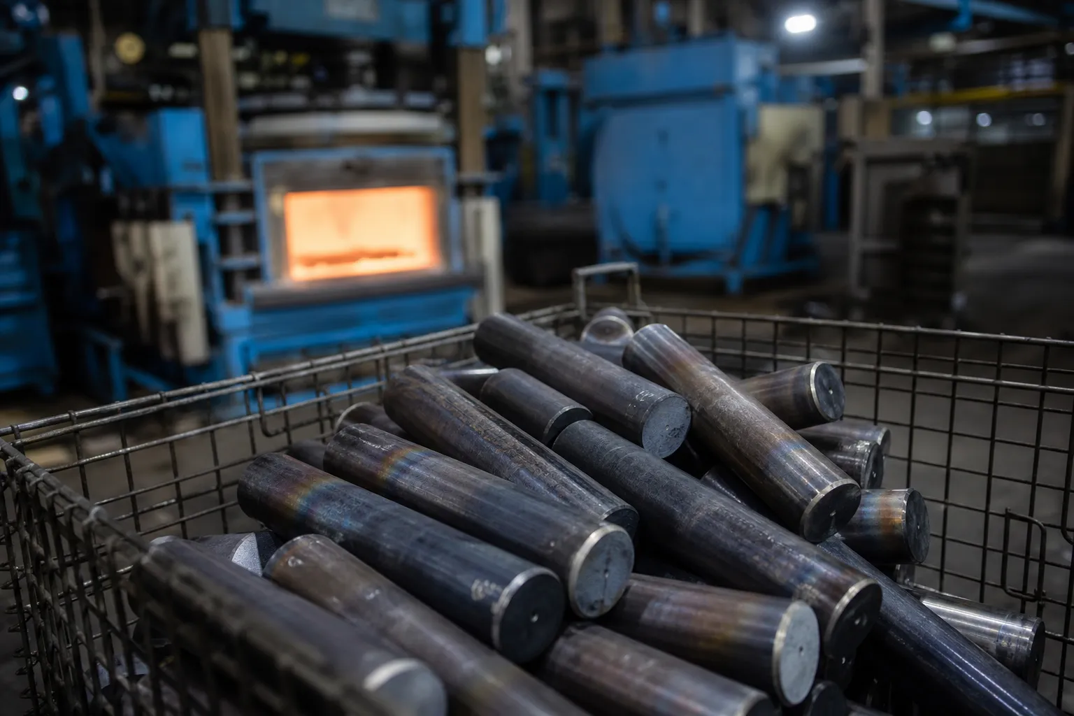 Cutting Tool Shank Straightening Solution Hardened tool steel blanks in a basket after heat treatment before straightening