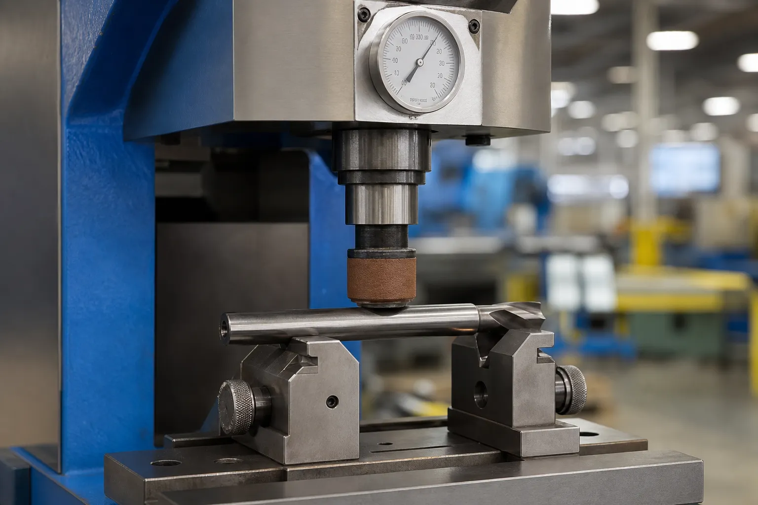 Cutting Tool Shank Straightening Solution Precision press applying protected correction to a hardened tool shank between adjustable supports