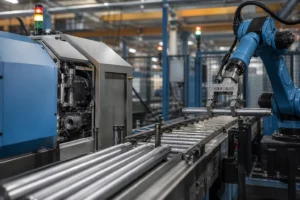 Automatic straightening production cell with robotic shaft loading, conveyor line and machine status lights in a modern factory