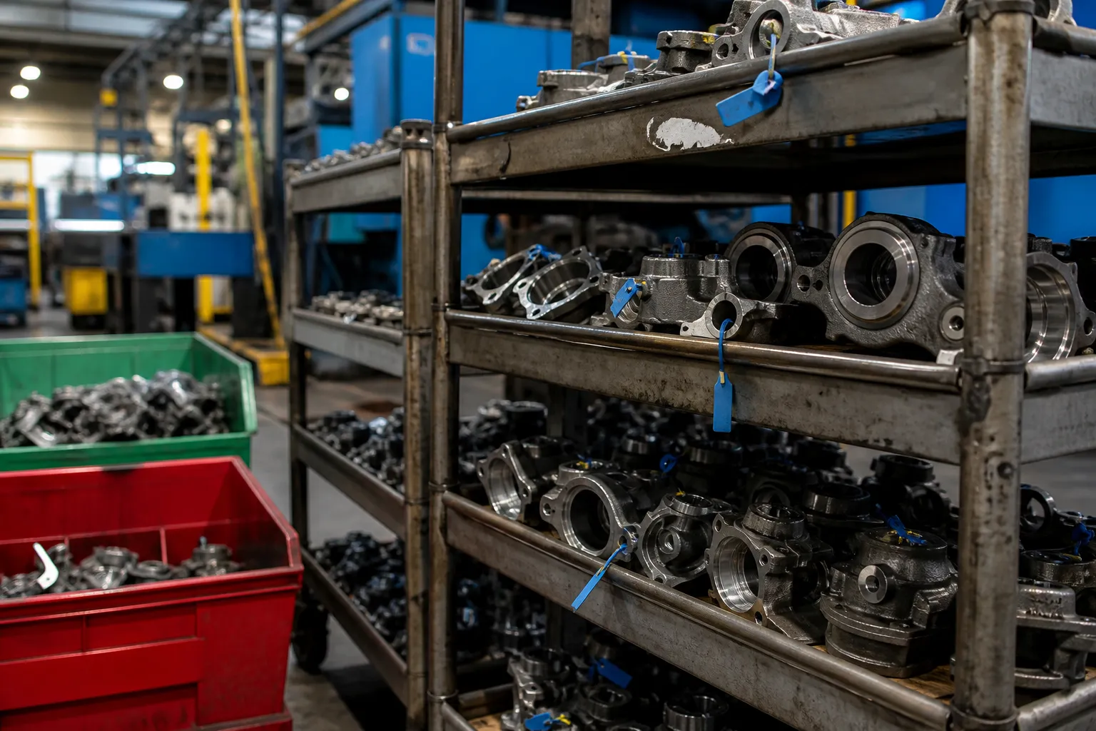Building the ROI Case for Automatic Straightening Quality sorting area with racks of metal parts in marked bins for OK and rejected parts