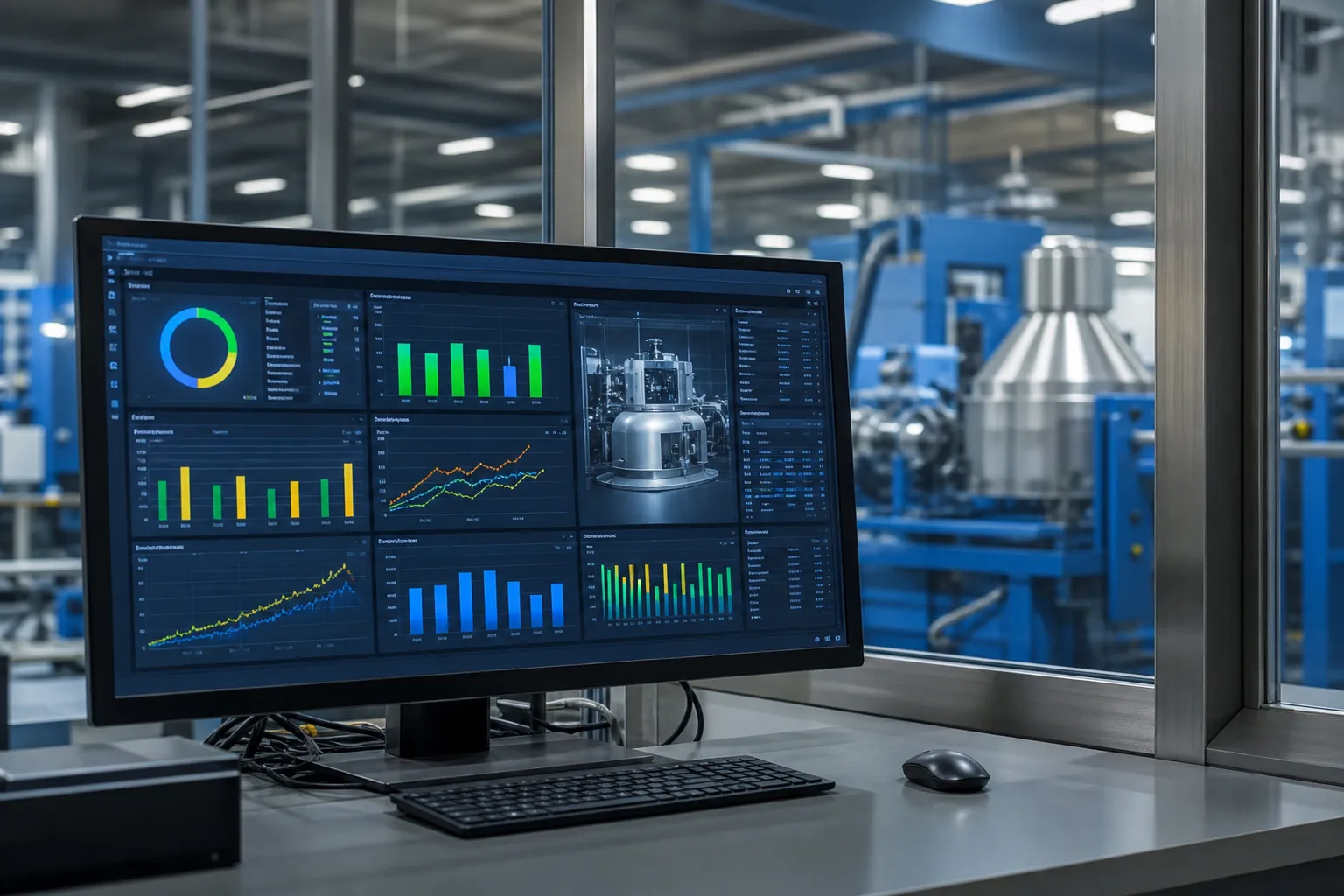 Building the ROI Case for Automatic Straightening Control room screen showing production statistics and machine monitoring dashboard in an industrial factory office