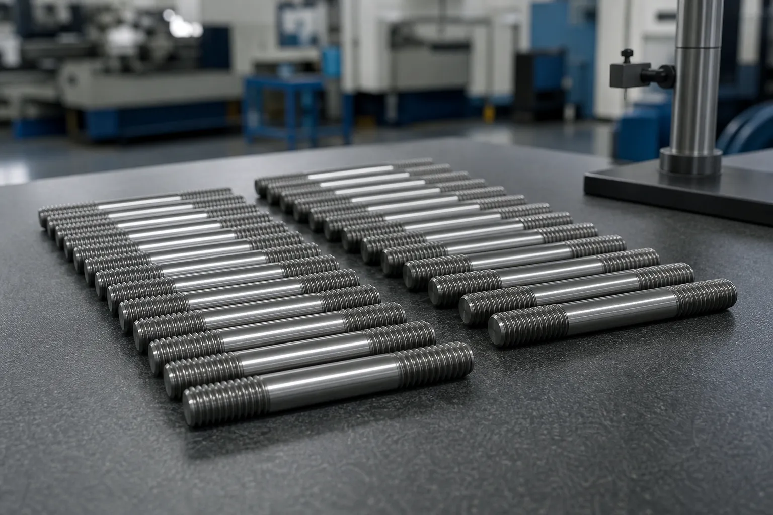 Double-End Stud Straightening Solution Double end studs with threads on both ends and plain shank body on an inspection bench