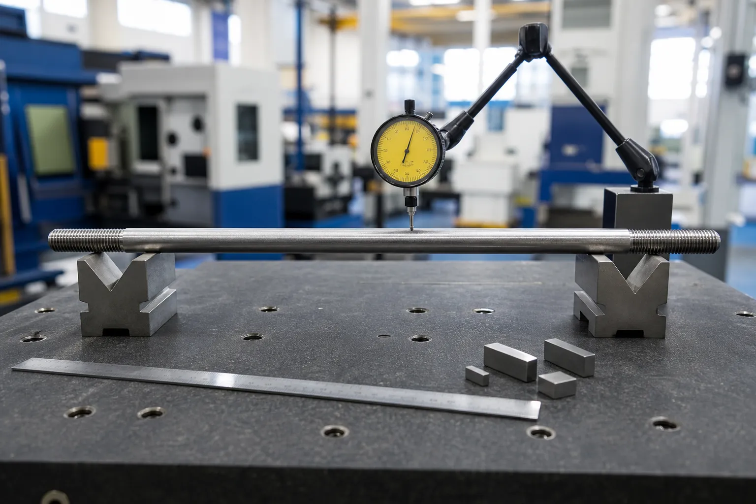 Double-End Stud Straightening Solution Long slender stud supported on V-blocks with dial indicator measuring body runout